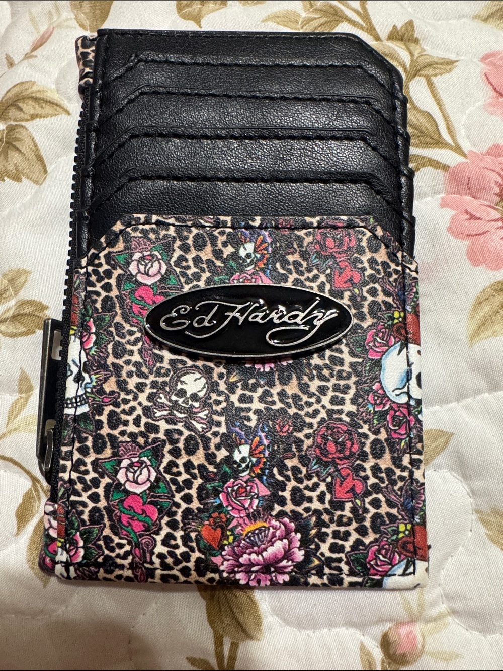 Ed Hardy Black Floral Leopard Zip Card Wallet with Pink & Green Accents